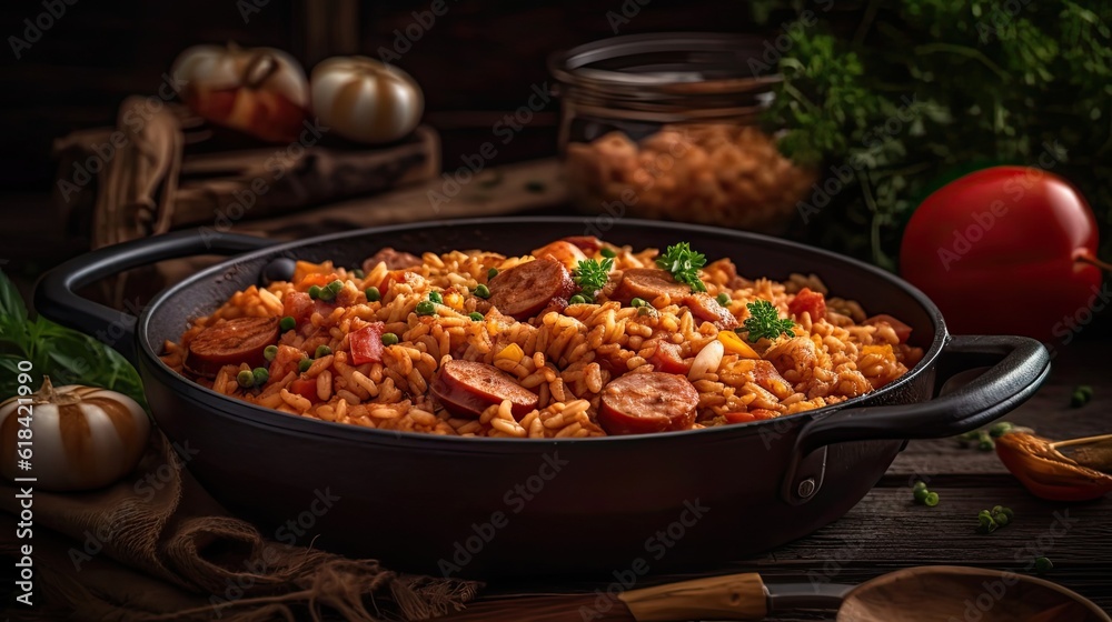 fried rice on ceramic bowl full of prawns and sausages with blurred background