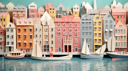 Origami Paper Art of canal created with Generative AI Technology