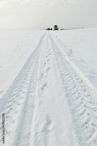 Obraz na plátne Winter landscape with road and track, winter in Germany