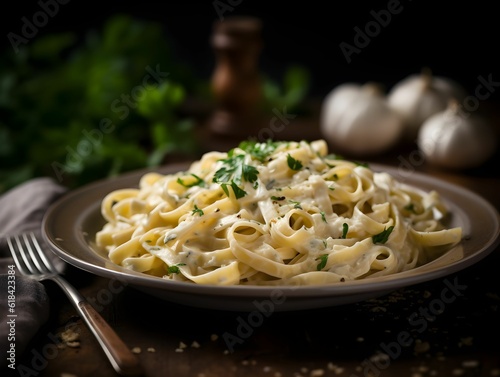 AI generated illustration of a bowl of gourmet fettuccine alfredo photo