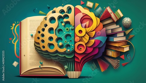 AI generated illustration of an open book with a paper art brain on top and colorful books © Gabe43/Wirestock Creators