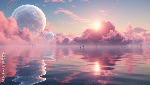 Two moons and the sun floating in the sky and clouds over the calm sea waters  light white and pink colors  calm waters  dreamlike concept.