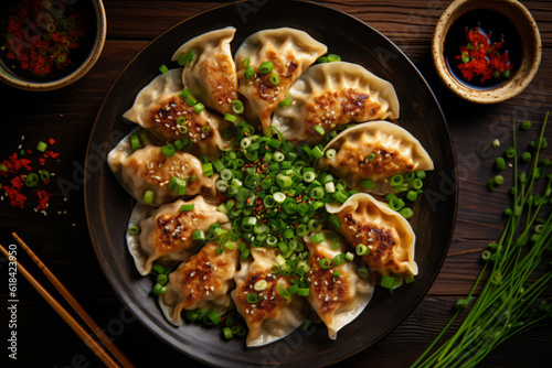 Close-up top view of ingredients Classic Gyoza Pork, Japanese food. AI Generated.