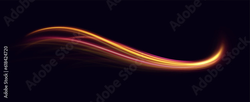 Golden glowing swirl. Light speed motion effect. Light trail. Shiny wavy path. Vector.