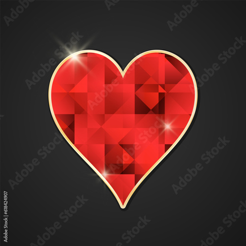 Card suits vector icon. Black faceted crystal hearts in gold frame with glimmer.