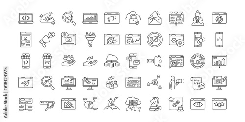 Set of SEO and marketing icons. Contains icons such as email, digital marketing, SEO, promotion, funneling, ads, landing pages, etc. editable stroke