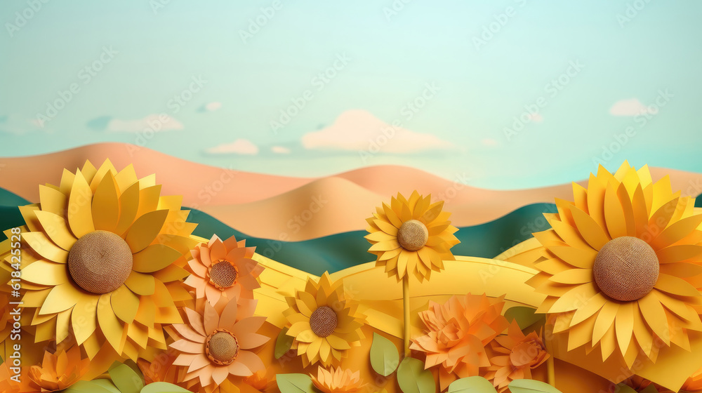Origami Paper Art of sunflowers in the field created with Generative AI Technology