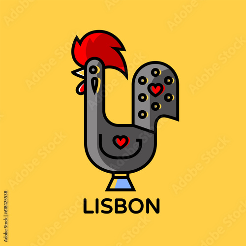 Vector linear illustration of the rooster of Barcelos on yellow background. Most common traditional symbol of Portugal perfect for postcards. Editable stroke