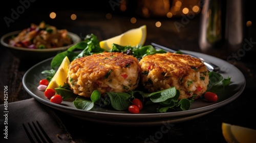 close up maryland crab cakes with chopped greens on a wooden plate with a blurred background