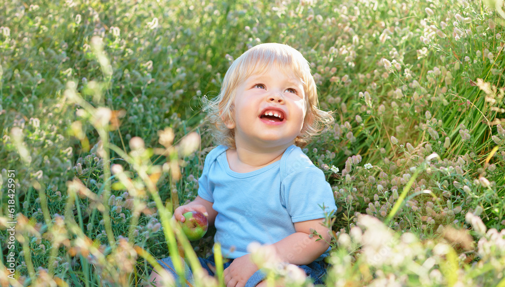 Little boy with apple plays on a green meadow.