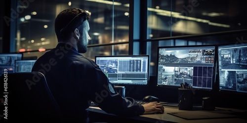 An armed security guard in a bank diligently monitors the situation inside the building using surveillance monitors, ensuring a secure environment. Generative AI
