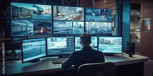 An armed security guard in a bank diligently monitors the situation inside the building using surveillance monitors, ensuring a secure environment. Generative AI