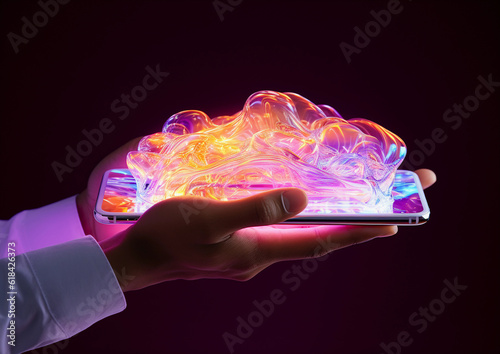3D render of a hands holding a tablet, an jelly like organic matter coming to life glowing with a neon pink hue. A futurisic and luminous 3d image over a black background.