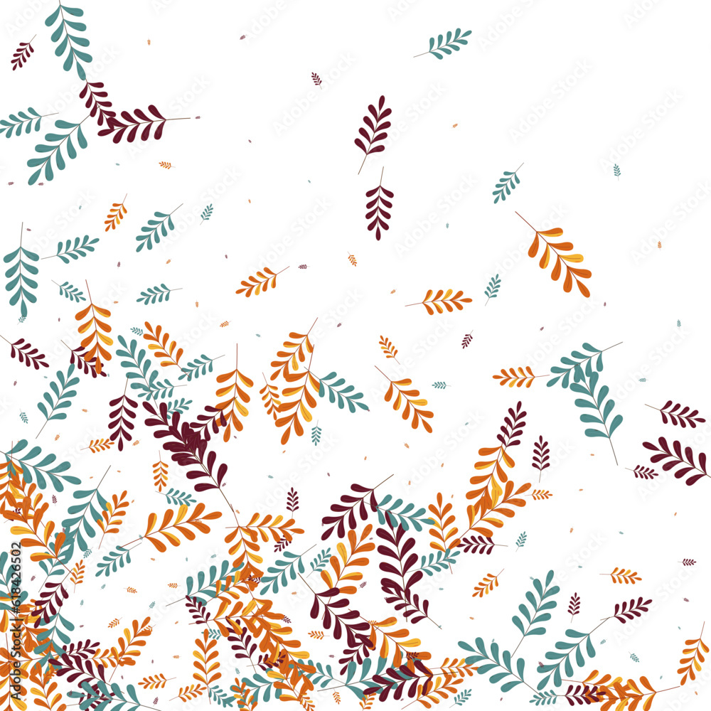 Green Foliage Background White Vector. Plant Natural Illustration. Gold Herb. Brown Leaves Rowan. Simple Texture.