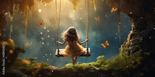 A little girl joyfully swings on a swing set in a magical forest, surrounded by shimmering trees and whimsical creatures, immersed in a world of enchantment and wonder. Generative AI