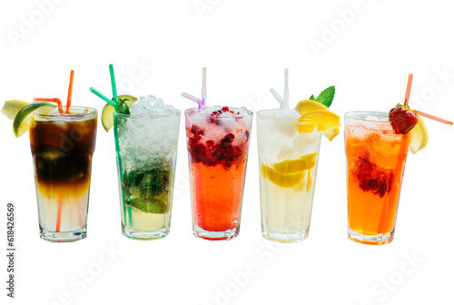Various chilled drinks in tall glasses. Carbonated sweet drinks, mojito, berry lemonade, cola, lemonade, juice, cocktail, tonic