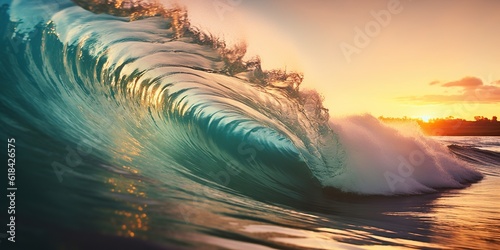 An awe-inspiring ocean wave spirals and surges, its towering form creating a mesmerizing display of raw energy and untamed force. Generative AI