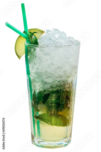 Mojito cocktail with lemon and mint in a tall glass with ice