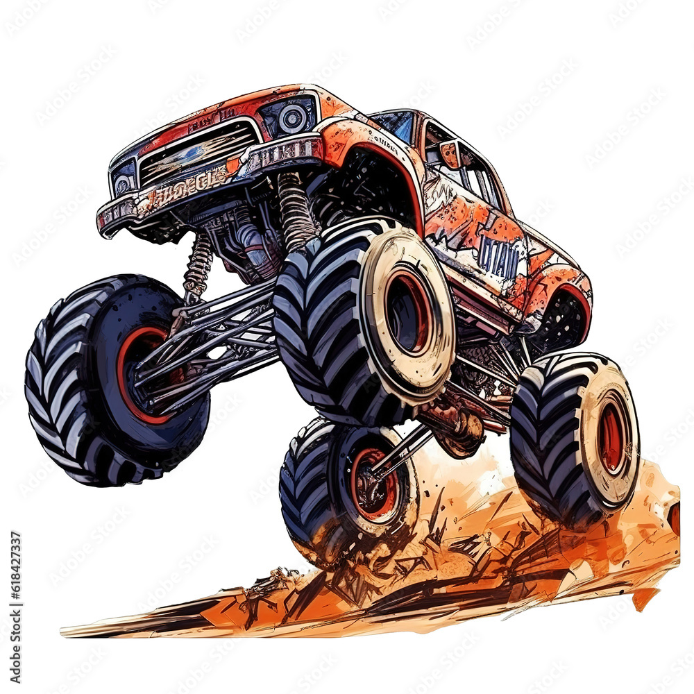 Monster truck with jumping and Downhill Clipart isolated on Transparent Background.