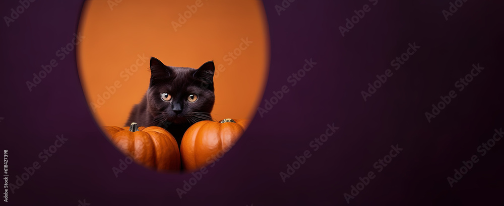 Black cat with pumpkins looking straight at you behind a hole in a wall. Scary, spooky minimalist setting in purple, orange, black and violet. Cat of a witch Invitation. Card. Copy space. Black cat with pumpkins looking straight at you behind a hole in a wall. Scary, spooky minimalist setting in purple, orange, black and violet. Cat of a witch Invitation. Card. Copy space.
