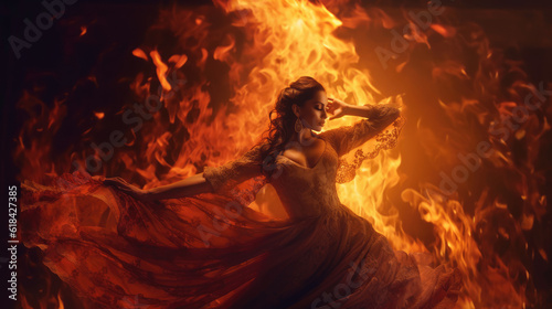 Flamenco Dance Fiery Passion. A stunning Spanish woman gracefully dances flamenco, with burning flames in the background. Expression of passion and artistry concept. AI Generative