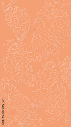 White lines color of tropical leaves and plants on orange background, flat line vector and illustration.