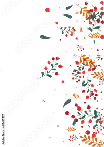 Red Herb Background White Vector. Berries Abstract Illustration. Burgundy Foliage Decor. Decorative Card. Rowan Natural.