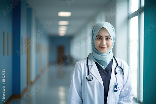 Muslim doctor wearing hijab with copy space