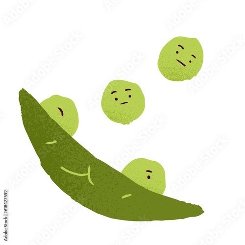 Funny comic peas from open pod. Cute green beans of vegetable. Amusing characters with sad, indifferent, bored, careless faces, emotions. Flat vector illustration isolated on white background