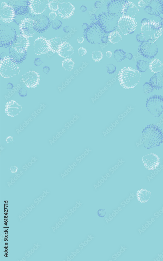 Ultramarine Snail Background Blue Vector. Shellfish Doodle Design. Sketch Textile Card. White Scallop Underwater Pattern.