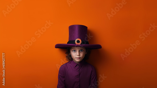 Girl celebrating Halloween, orange and violet, purple colors. Space for your text. Minimalistic luxury setting. Invitation for party. Harvest and fall seaon.