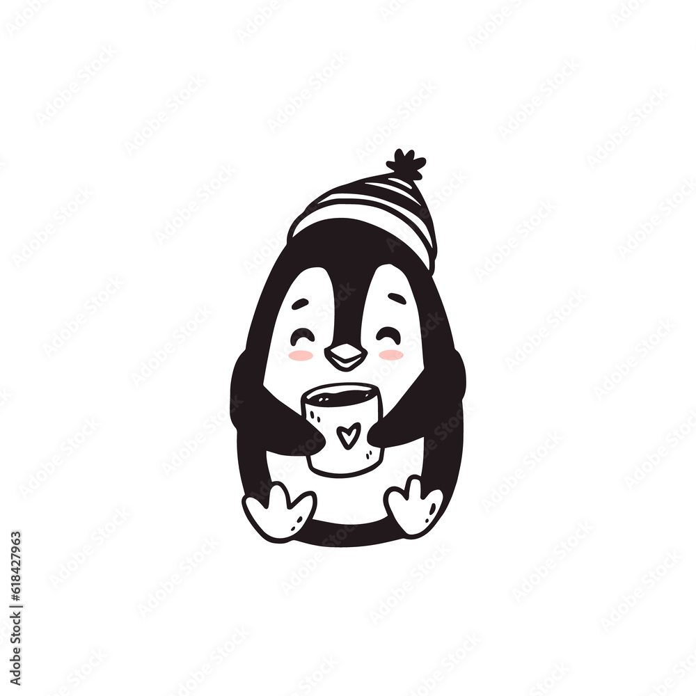 Cute cartoon penguin with cup isolated on white. Doodle illustration for kids or babies t-shirt design, room decoration, Christmas cards. 