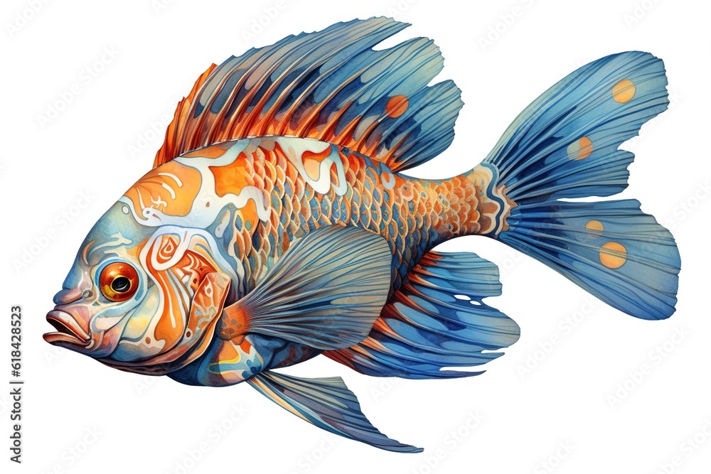 drawing of colored fish isolated on white background. Generated by AI. drawing of colored fish isolated on white background. Generated by AI.