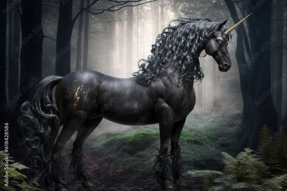A majestic legendary glowing Unicorn in a magical forest. Realistic unicorn, dream flowers, generative AI
