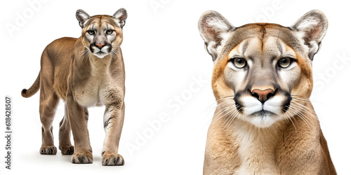 Adult mountain lion cat puma realistic photo generative AI illustration isolated on white background. Wild cats animals concept