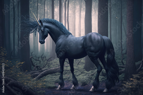 A majestic legendary glowing Unicorn in a magical forest. Realistic unicorn, dream flowers, generative AI