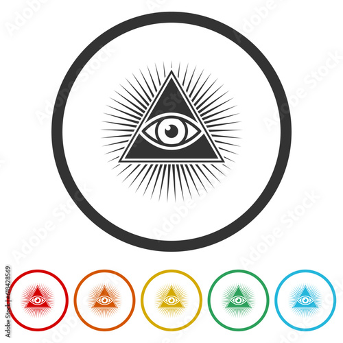 Masons symbol All seeing eye of God icon. Set icons in color circle buttons