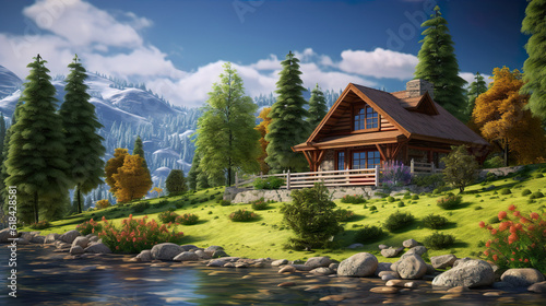 Wooden cottage log cabin chalet house in mountain with beautiful river and conifer forest. Generative AI image illustration