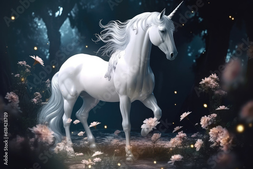 A majestic legendary glowing Unicorn in a magical forest. Realistic unicorn  dream flowers  generative AI
