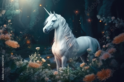 A majestic legendary glowing Unicorn in a magical forest. Realistic unicorn  dream flowers  generative AI