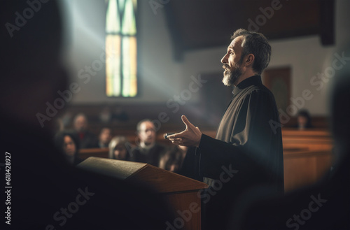 Prayer, teaching and priest with pastor in church for worship, holy spirit and spirituality. Praying, ai generated and connection with man and traditions for faith, mindfulness and christianity