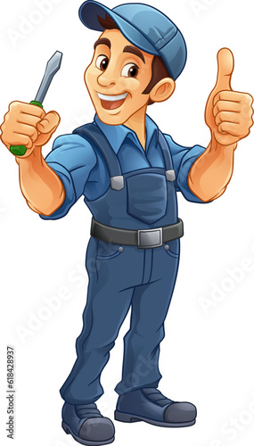 An electrician handyman or other construction cartoon mascot man holding a screwdriver tool.