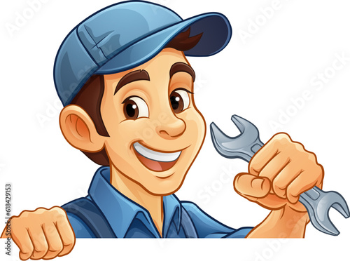 A handyman, mechanic, plumber or other construction cartoon mascot man holding a wrench or spanner tool.