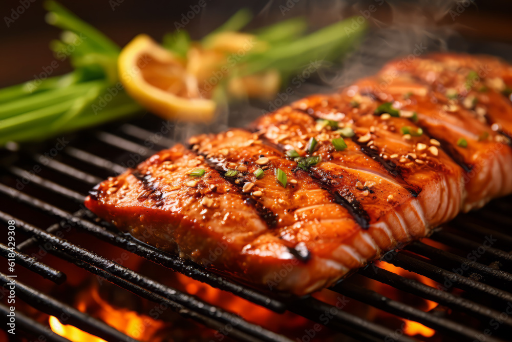 Close-up top view of ingredients Grilled Chicken, Salmon, Pork, Japanese food. AI Generated. Close-up top view of ingredients Grilled Chicken, Salmon, Pork, Japanese food. AI Generated.