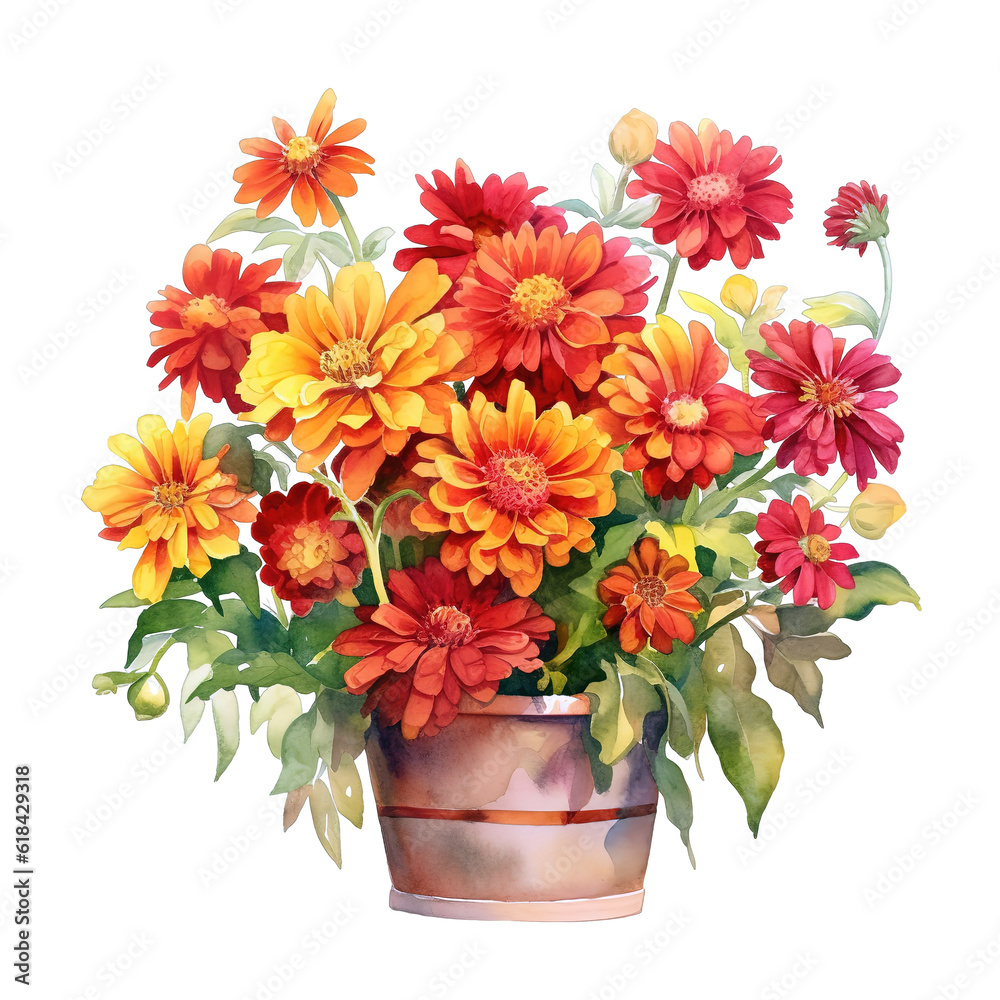 A watercolor bushel basket of red, orange, yellow, zinnias flowers bouquet Sublimation Transparent Background.