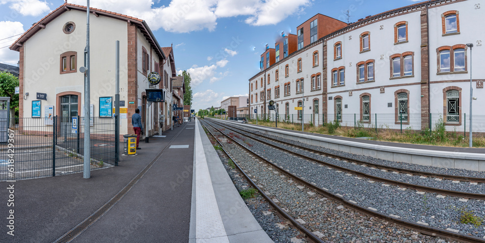Obernai, France - 06 23 2023: Obernai train station. View of a railway line near the train station .