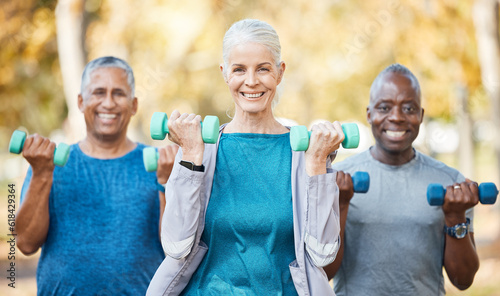 Фотография Weights, fitness and portrait of senior people doing a strength arm exercise in an outdoor park