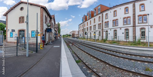 Obernai, France - 06 23 2023: Obernai train station. View of a railway line near the train station .