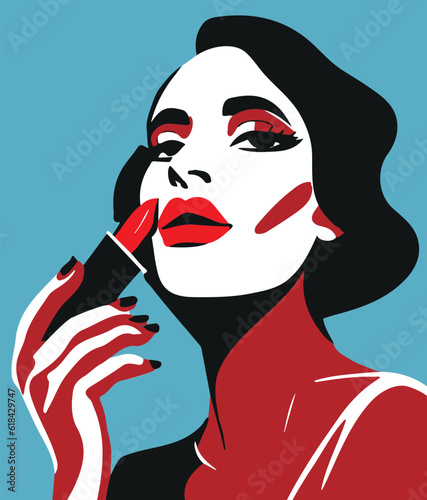 Vector illustration of a young woman applying red lipstick to her lips
