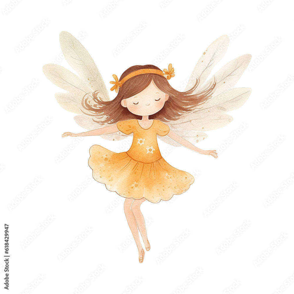 Little Fairy Girl Yellow - Cute Hand Painted Style - Childish Watercolor Drawing - Fairy Tale Fantasy - Generative AI Little Fairy Girl Yellow - Cute Hand Painted Style - Childish Watercolor Drawing - Fairy Tale Fantasy - Generative AI